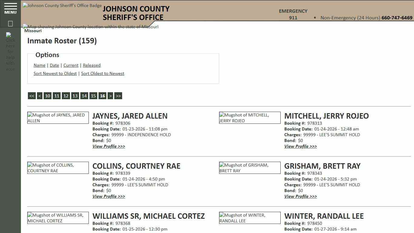 Inmate Roster - Page 16 Current Inmates Booking Date Ascending - Johnson County Sheriff MO